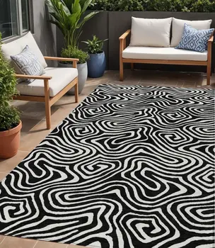 5' X 8' Black And Ivory Abstract Washable Indoor Outdoor Area Rug