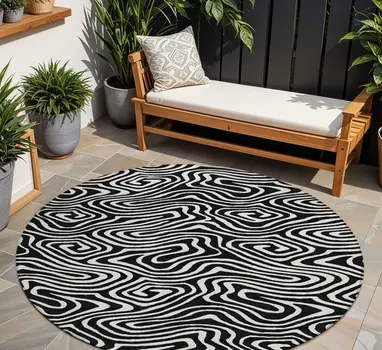 8' Black And Ivory Round Abstract Washable Indoor Outdoor Area Rug