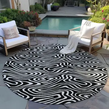 8' Black And Ivory Round Abstract Washable Indoor Outdoor Area Rug