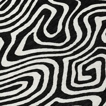 8' Black And Ivory Round Abstract Washable Indoor Outdoor Area Rug