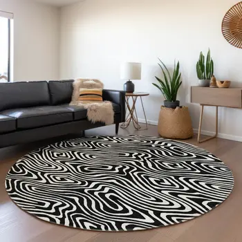 8' Black And Ivory Round Abstract Washable Indoor Outdoor Area Rug