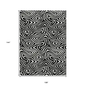 9' X 12' Black And Ivory Abstract Washable Indoor Outdoor Area Rug