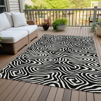 9' X 12' Black And Ivory Abstract Washable Indoor Outdoor Area Rug