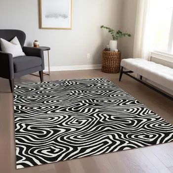 9' X 12' Black And Ivory Abstract Washable Indoor Outdoor Area Rug