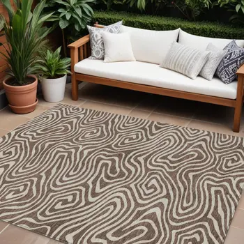 10' X 14' Brown And Beige Abstract Washable Indoor Outdoor Area Rug