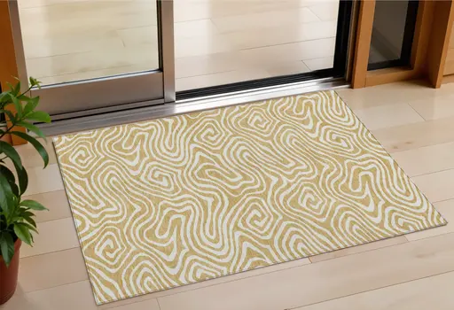 3' X 5' Gold And Beige Abstract Washable Indoor Outdoor Area Rug