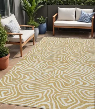 5' X 8' Gold And Beige Abstract Washable Indoor Outdoor Area Rug