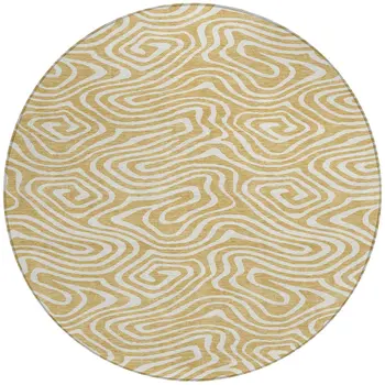 8' Gold And Beige Round Abstract Washable Indoor Outdoor Area Rug