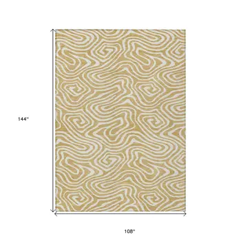 9' X 12' Gold And Beige Abstract Washable Indoor Outdoor Area Rug