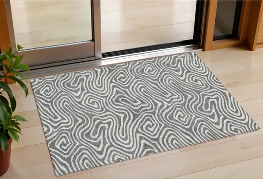 3' X 5' Gray And Ivory Abstract Washable Indoor Outdoor Area Rug