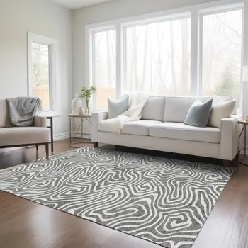 3' X 5' Gray And Ivory Abstract Washable Indoor Outdoor Area Rug