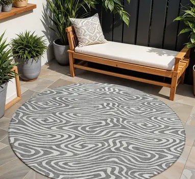 8' Gray And Ivory Round Abstract Washable Indoor Outdoor Area Rug