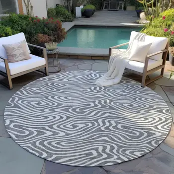 8' Gray And Ivory Round Abstract Washable Indoor Outdoor Area Rug