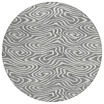 8' Gray And Ivory Round Abstract Washable Indoor Outdoor Area Rug