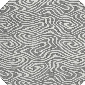 8' Gray And Ivory Round Abstract Washable Indoor Outdoor Area Rug