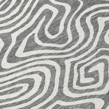 8' Gray And Ivory Round Abstract Washable Indoor Outdoor Area Rug