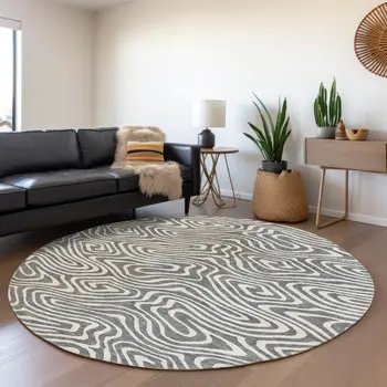 8' Gray And Ivory Round Abstract Washable Indoor Outdoor Area Rug