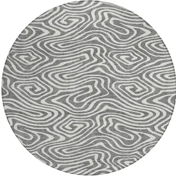 8' Gray And Ivory Round Abstract Washable Indoor Outdoor Area Rug
