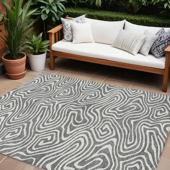10' X 14' Gray And Ivory Abstract Washable Indoor Outdoor Area Rug