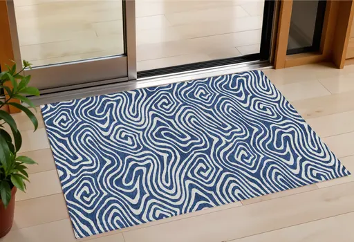 3' X 5' Navy Blue And Ivory Abstract Washable Indoor Outdoor Area Rug
