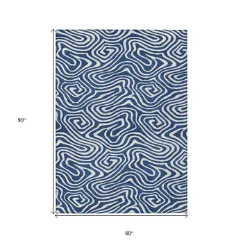 5' X 8' Navy Blue And Ivory Abstract Washable Indoor Outdoor Area Rug
