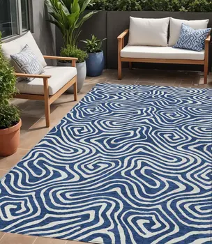 5' X 8' Navy Blue And Ivory Abstract Washable Indoor Outdoor Area Rug
