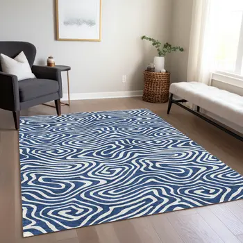 5' X 8' Navy Blue And Ivory Abstract Washable Indoor Outdoor Area Rug