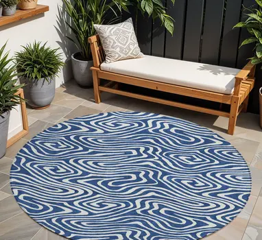 8' Navy Blue And Ivory Round Abstract Washable Indoor Outdoor Area Rug