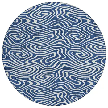 8' Navy Blue And Ivory Round Abstract Washable Indoor Outdoor Area Rug