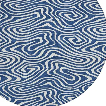 8' Navy Blue And Ivory Round Abstract Washable Indoor Outdoor Area Rug