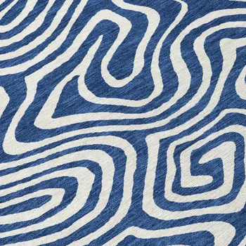 8' Navy Blue And Ivory Round Abstract Washable Indoor Outdoor Area Rug