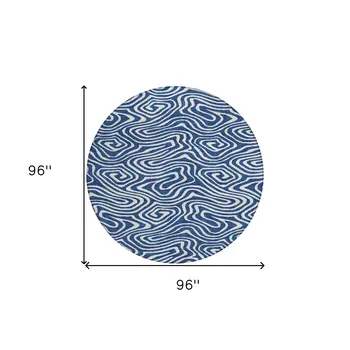 8' Navy Blue And Ivory Round Abstract Washable Indoor Outdoor Area Rug
