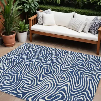 8' X 10' Navy Blue And Ivory Abstract Washable Indoor Outdoor Area Rug
