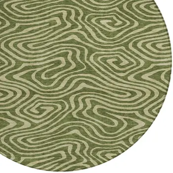 8' Olive Green And Light Green Round Abstract Washable Indoor Outdoor Area Rug