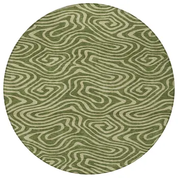 8' Olive Green And Light Green Round Abstract Washable Indoor Outdoor Area Rug