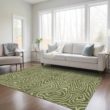 8' X 10' Olive Green And Light Green Abstract Washable Indoor Outdoor Area Rug