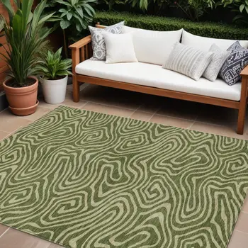 10' X 14' Olive Green And Light Green Abstract Washable Indoor Outdoor Area Rug