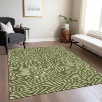 10' X 14' Olive Green And Light Green Abstract Washable Indoor Outdoor Area Rug