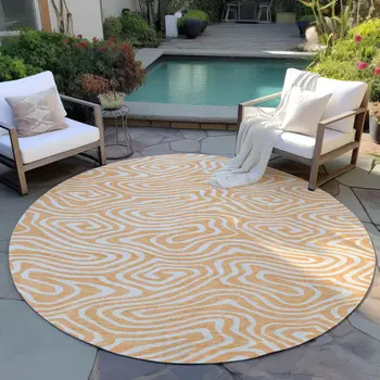 8' Peach And Ivory Round Abstract Washable Indoor Outdoor Area Rug
