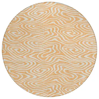 8' Peach And Ivory Round Abstract Washable Indoor Outdoor Area Rug