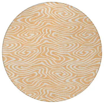 8' Peach And Ivory Round Abstract Washable Indoor Outdoor Area Rug