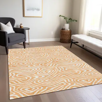9' X 12' Peach And Ivory Abstract Washable Indoor Outdoor Area Rug