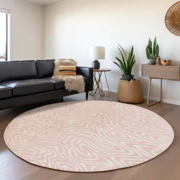8' Pink And Gray Round Abstract Washable Indoor Outdoor Area Rug