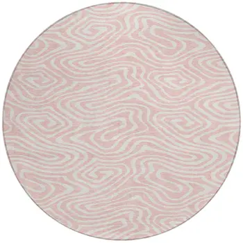 8' Pink And Gray Round Abstract Washable Indoor Outdoor Area Rug