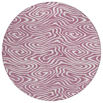 8' Plum And Ivory Round Abstract Washable Indoor Outdoor Area Rug