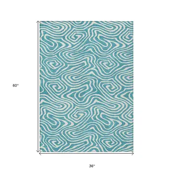 3' X 5' Teal Blue And Ivory Abstract Washable Indoor Outdoor Area Rug
