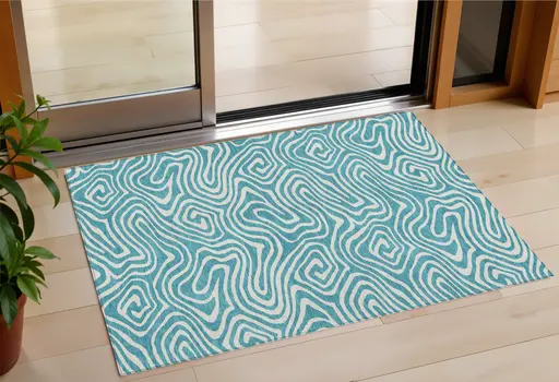 3' X 5' Teal Blue And Ivory Abstract Washable Indoor Outdoor Area Rug