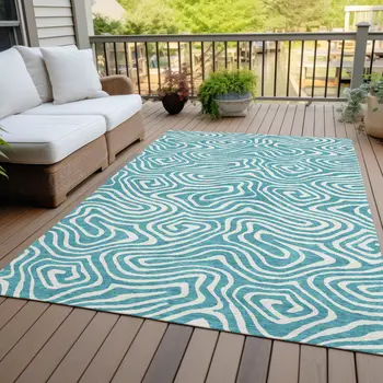 3' X 5' Teal Blue And Ivory Abstract Washable Indoor Outdoor Area Rug