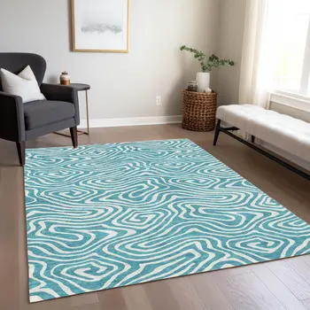 5' X 8' Teal Blue And Ivory Abstract Washable Indoor Outdoor Area Rug