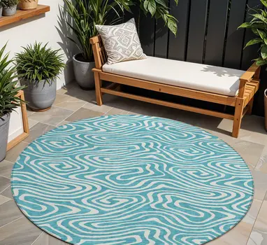 8' Teal Blue And Ivory Round Abstract Washable Indoor Outdoor Area Rug